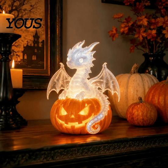 Dark Fantasy Room Accents Halloween Pumpkin Resin Lamp, Gothic Glowing Tabletop Decor for Home, Ornaments Spooky Dragon Ghost Black Cat Ornament,