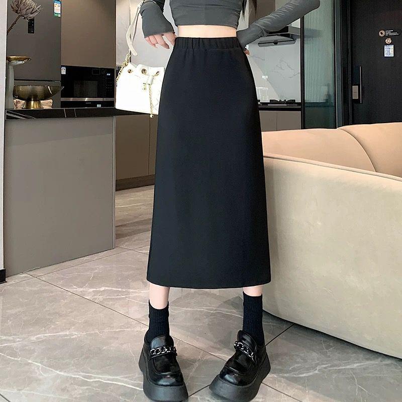 Black Wool Blend Women's High Waist A-Line Skirt - Autumn/Winter Korean Style Slimming Mid-Length with Slit and Elastic Waist