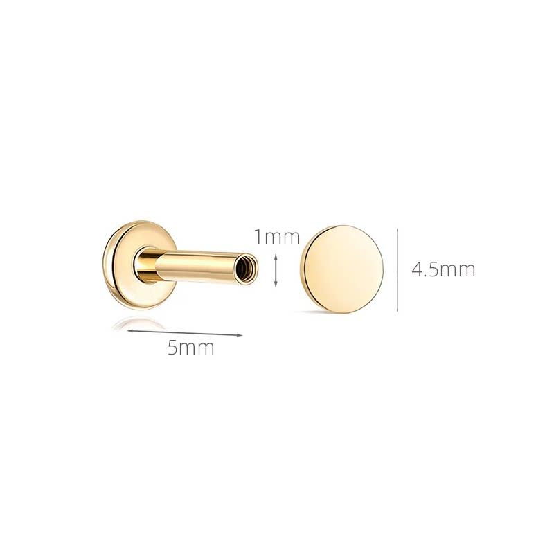 Solid 18K Gold Internally Threaded Nose Stud Earring Smooth Round Cartilage Flat Base Short Post Body Piercing Jewelry