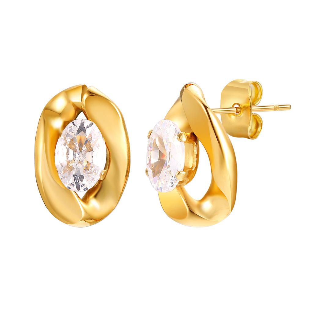 Earrings Stainless Steel Oval White Zircon Stud Earrings Gold Ladies Fashion Earrings, Necklace