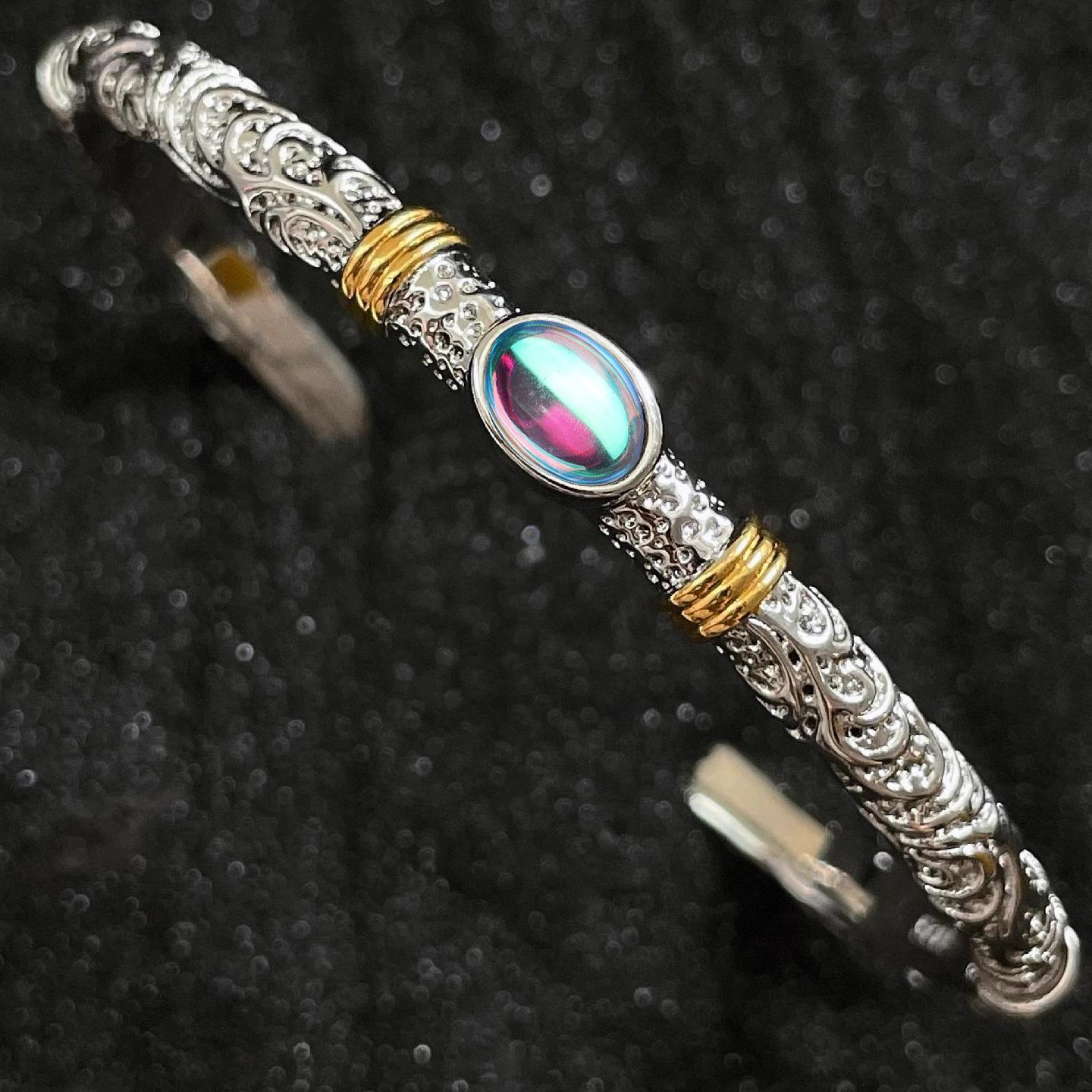 

Браслет из лунного камня с узором травы тан, ретро-дизайн, золотой браслет-обруч с открытым концом, унисекс