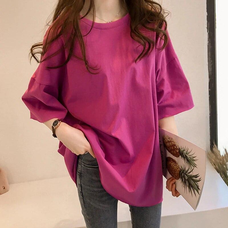 Korean Short Sleeved Casual Oversized Long T Shirt Harajuku 2024 Summer Candy Color Tees Top Women All-match T-shirts Unisex Y2k Tops