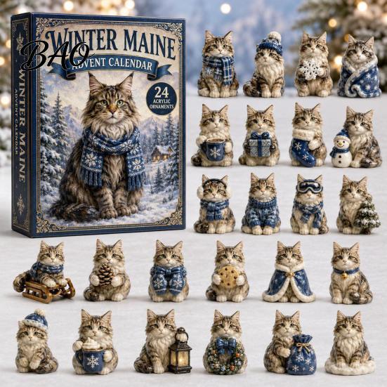 Cat Countdown Calendar Christmas Advent Calendar, 24 Day with Cute Ornaments, Festive Room Decor 2D Acrylic Kitty Holiday Decorations, Gift for Kids,