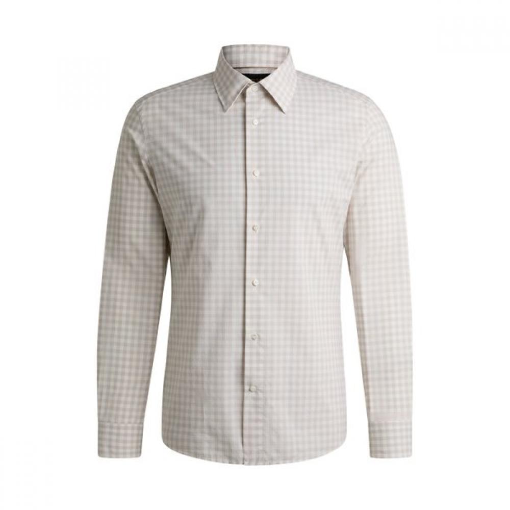 BOSS Slim Fit Shirt Light Beige Italian Check Cotton