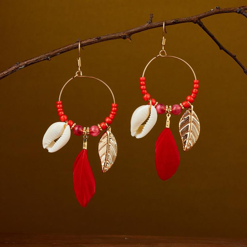 Hot selling ethnic style retro feather earrings, long multi colored vacation feather earrings, bead string design, circular earrings