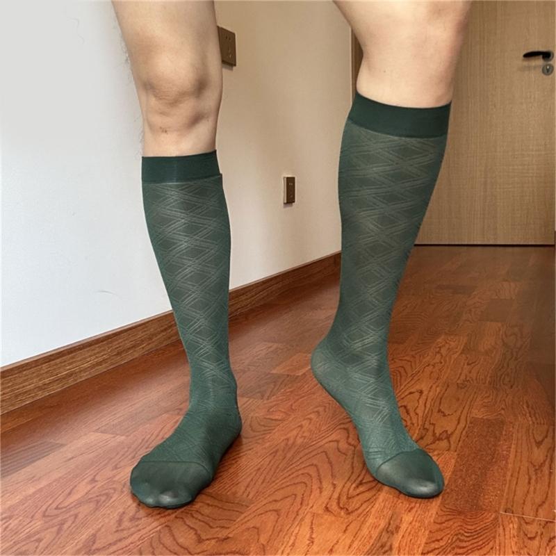 Men's Breathable Nylon Thin Dress Socks with Argyle Pattern Design Middle Calf Business Formal Socks Hosiery Gift
