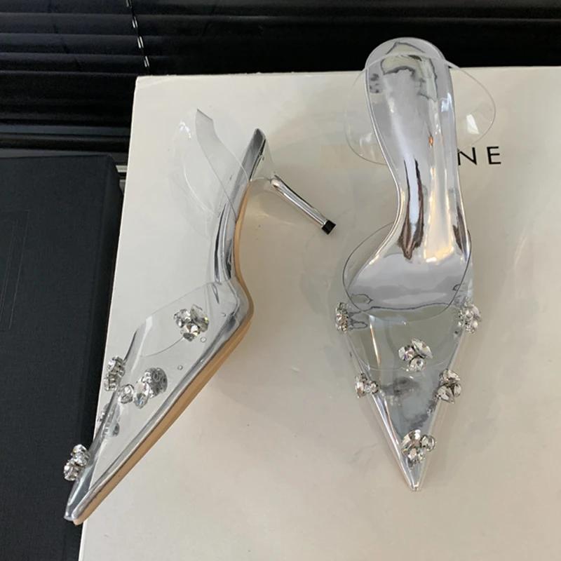 Sexy třpytivé křišťálové PVC průhledné dámské lodičky tenké podpatky párty ples špičaté špičky slingback boty