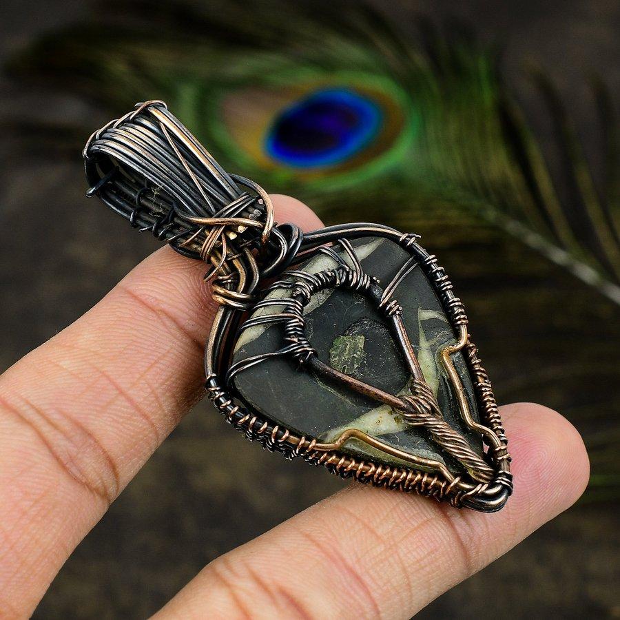 Mud Crack Fossil, Moonstone Gemstone Copper Wire Wrap Jewelry Pendant 2.76"