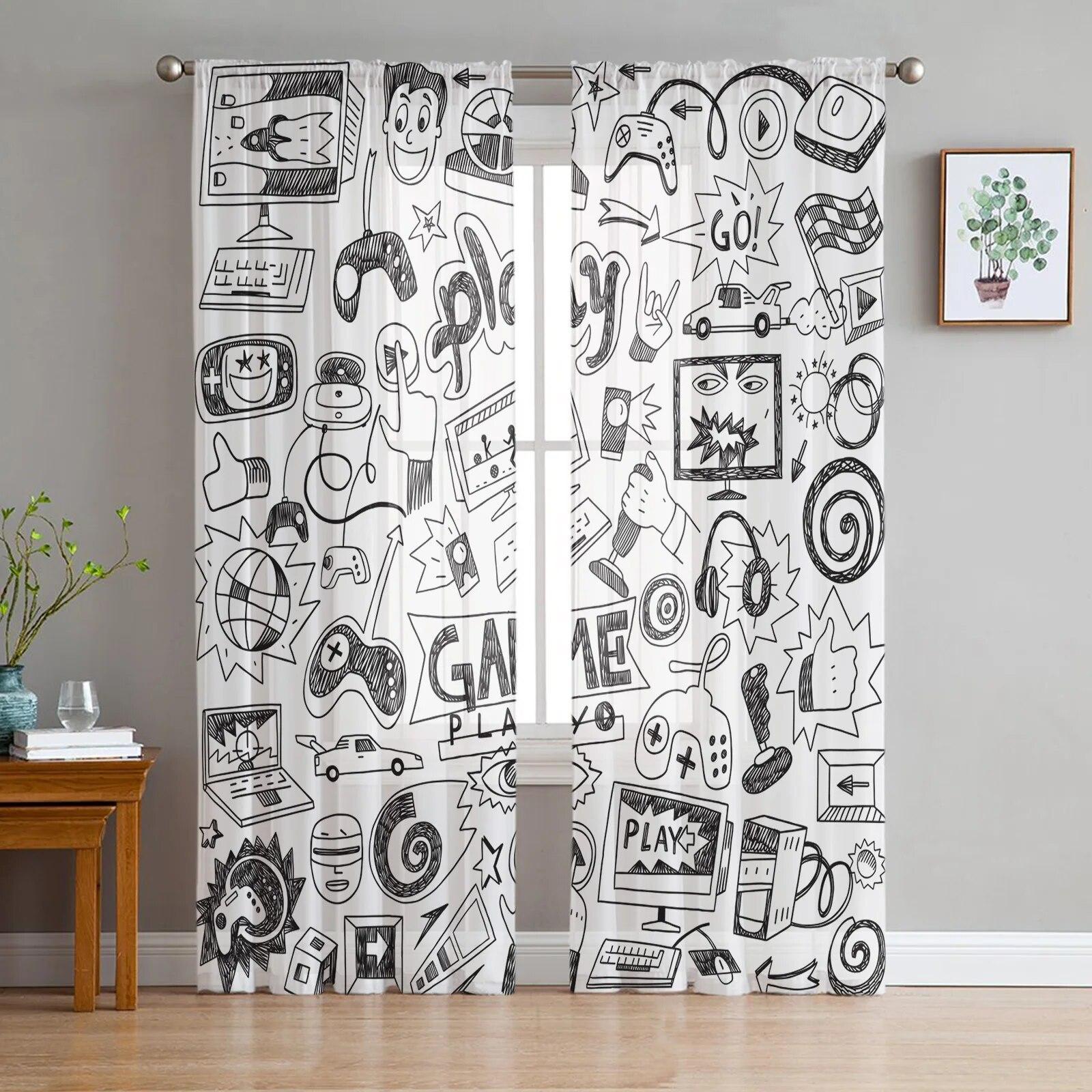 Speel Spel Zwart Wit Cartoon Graffiti Tule Gordijnen voor Woonkamer Draperieën Raam Transparant Modern Gordijnen voor Slaapkamer Decor 135W x 137H(cm)