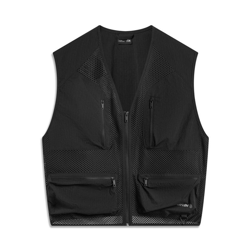 Li-Ning CF Outdoor Solid Color Zip V-Neck Multi-Pocket Water-Resistant Sleeveless Vest Men Vests Black AMDV035-1