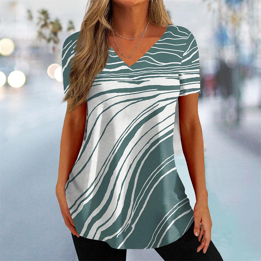 Summer V-neck 3D Printed Irregular Geometric Pattern Top Fashionable Casual Short Sleeved Women's T-shirts
