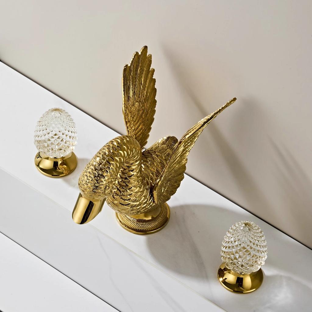 Tuqiu Gold Swan Bathroom Faucet Widespread Sink Tap Brass Basin Faucet Sink Faucet Antique Crystal Handle Hot & Cold Water Tap