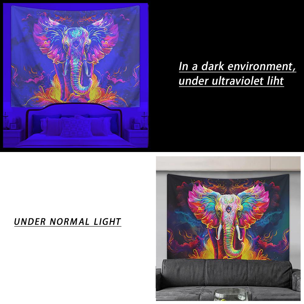 1pc Elephant tapestry, UV responsive fluorescent tapestry, watercolor elephant wall hanging aesthetic cloud tapestry