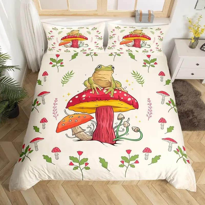 Red Mushroom Kawaii Comforter Set Twin Size Kids Bedding Botanical Plant Print Quilt for Boys Girls Adults