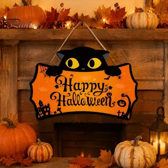 Halloween Yard Hanging Signs Wooden Door Plaque, Printed Black Cat Pumpkin Castle Spider Web Front Creative Gifts Sign, Waterproof Ornament for Indoor