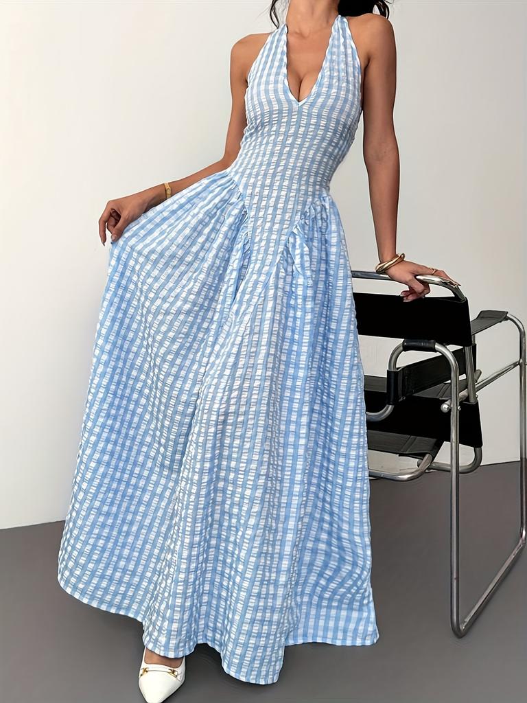 Women's Sleeveless Halter Maxi Dress V Neck Mid Waist Plaid Print A-Line Umbrella Skirt Sexy Fitted Long Dress For Summer Street Party Wear