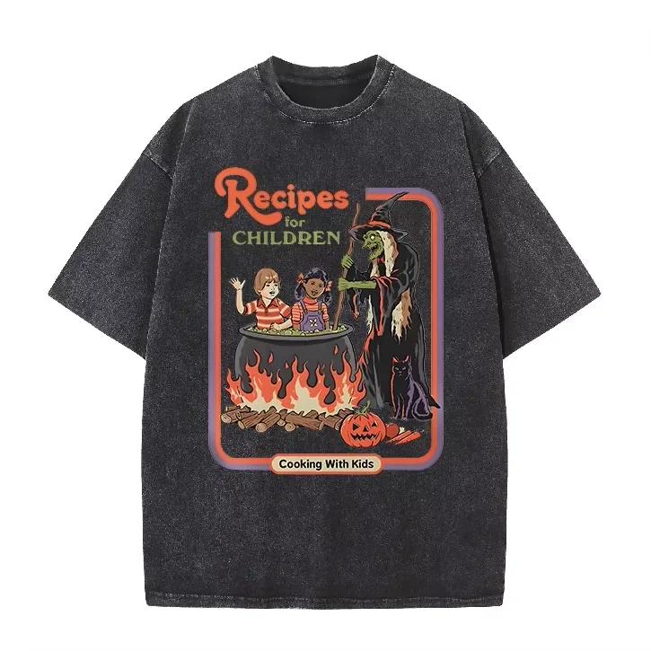 Washed Purple Retro Halloween Witch Cauldron Jack O Lantern Loose Tee