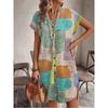 Stand Up Collar Short Sleeve Dress Print Stand Collar Short Sleeve Button Dress Women