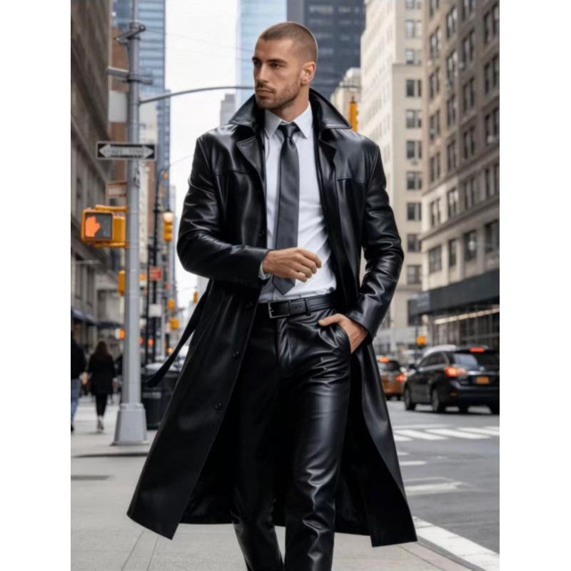 New European and American men's long PU leather trench coat suit collar business casual knee leather coat jacket men's clothing