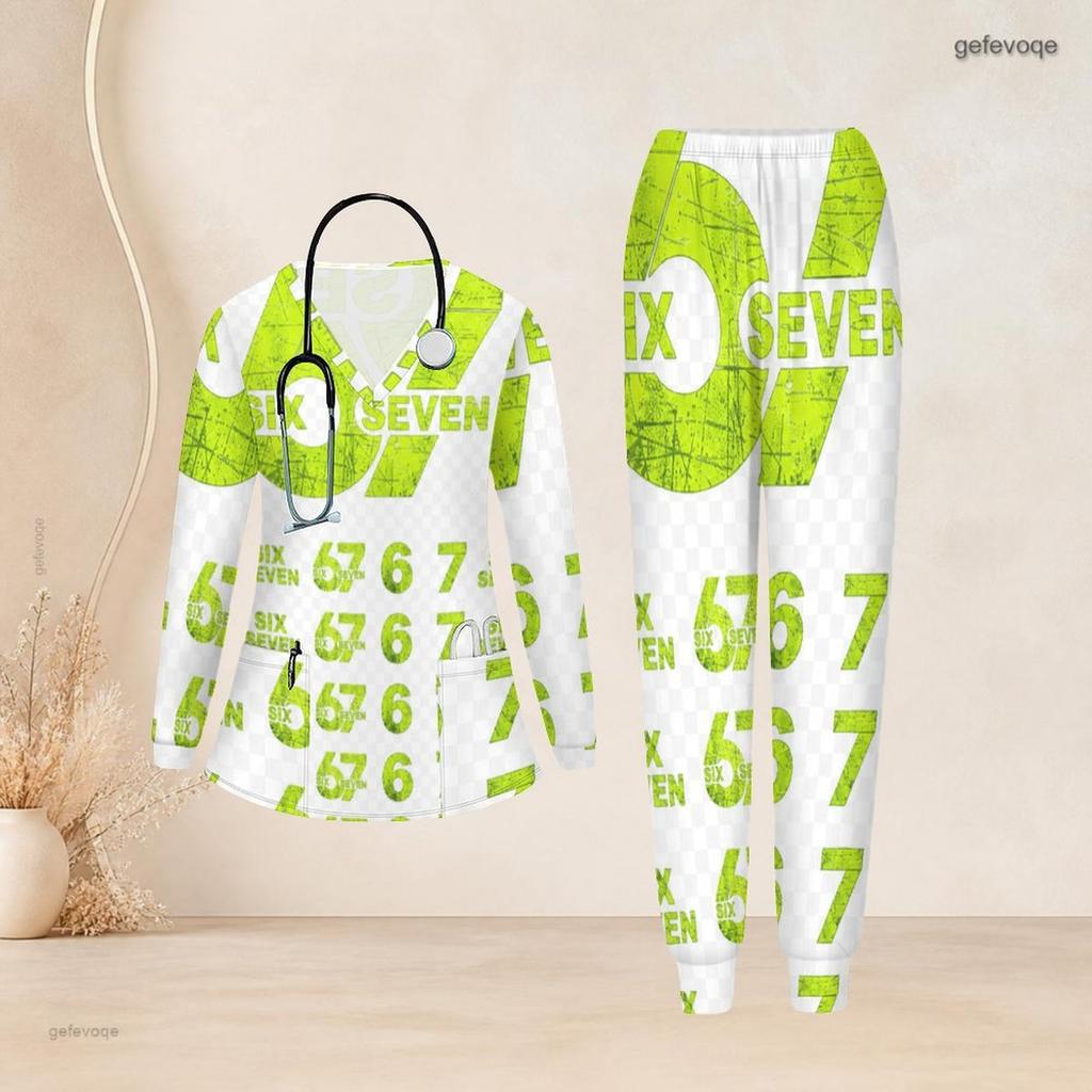 Women Plus Size V Neck Long Sleeve Scrub Set Fashion Afro Lady Art Text Print Nurse Uniform Set
