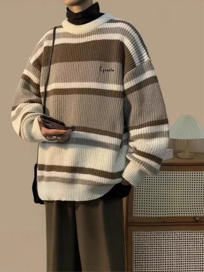 Unisex Japanese Retro Color Block Stripe Sweater - Autumn/Winter Trendy Knitwear, Round Neck, Couple Style.