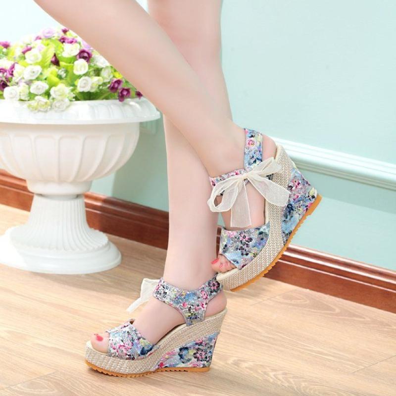 Ladies Shoes Wedge with Platform Waterproof Bow Super-high Heel Wedges Women's Sandals Print on Sale Casual Vip Quality Designer