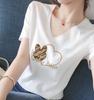 Women's Short Sleeve Graphic Tee V Neck Casual Fashion T-Shirt With Cute Embroidered Print