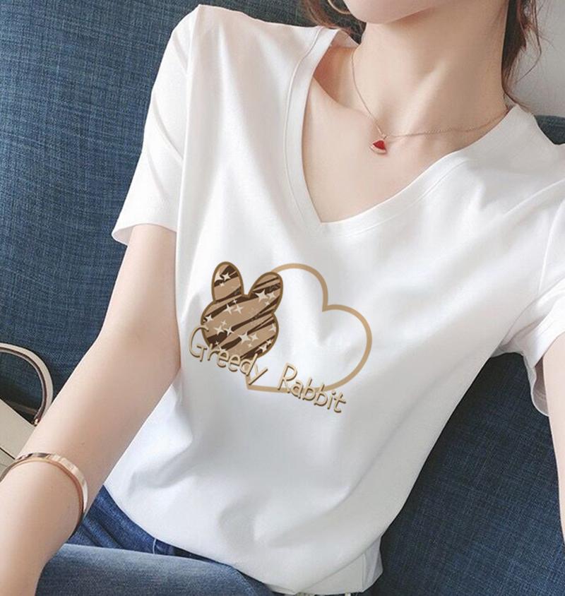 Women's Short Sleeve Graphic Tee V Neck Casual Fashion T-Shirt With Cute Embroidered Print