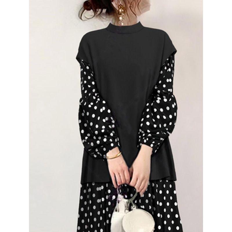 Spring and Autumn Women's Clothing Small Turtleneck Short-Sleeved Outerwear + Round Neck Lantern Sleeve Dress Two-piece Set High Waist Slimming Skirt