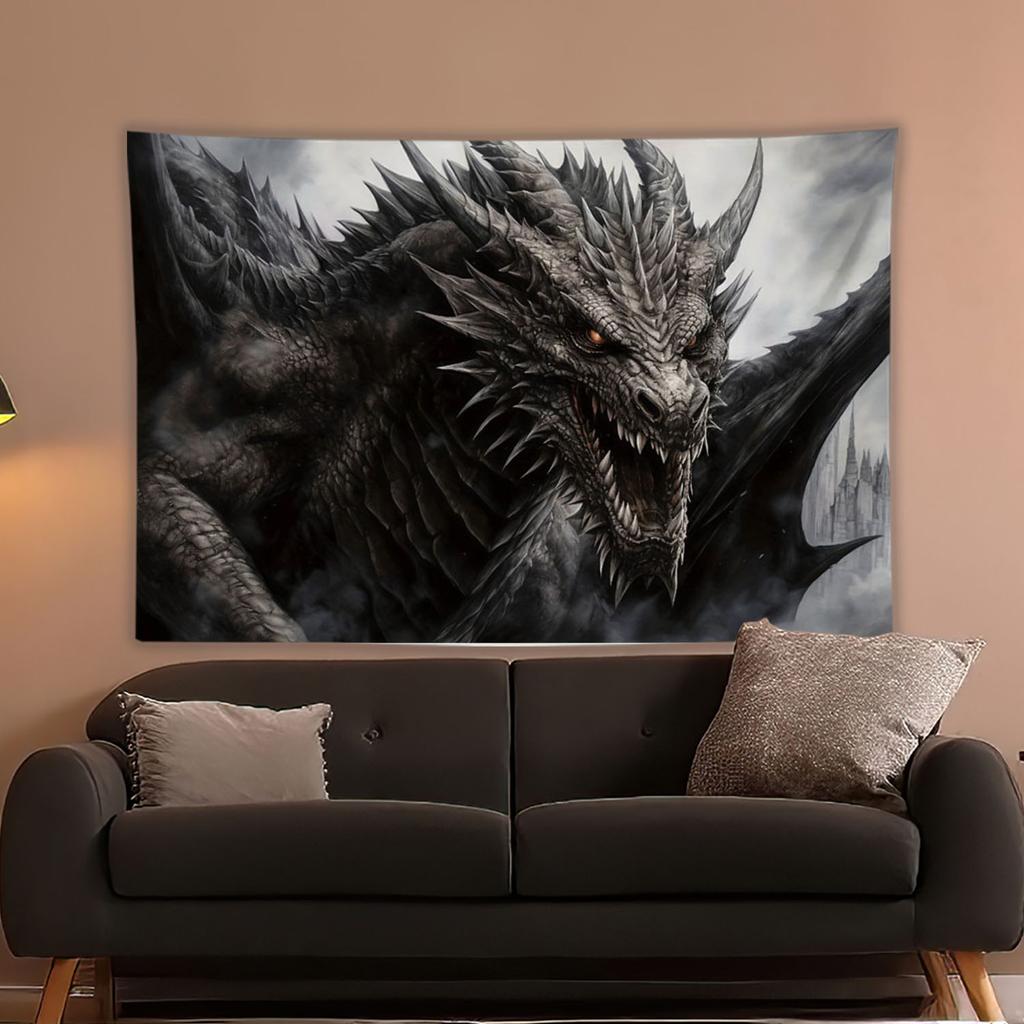 2D Majestic Dragon Design Black Dragon Background Printed Tapestry Fantasy Art Room Dormitory Home Decoration