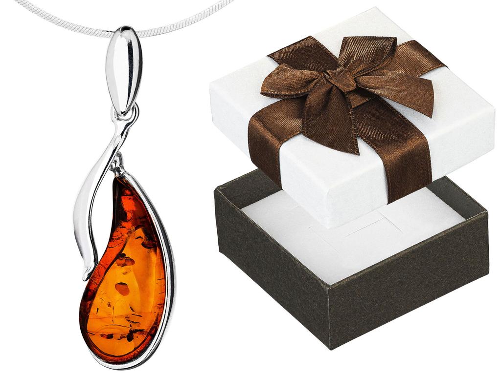 Long Silver Women's Necklace Drop With Amber Teardrop Amber 60 Cm