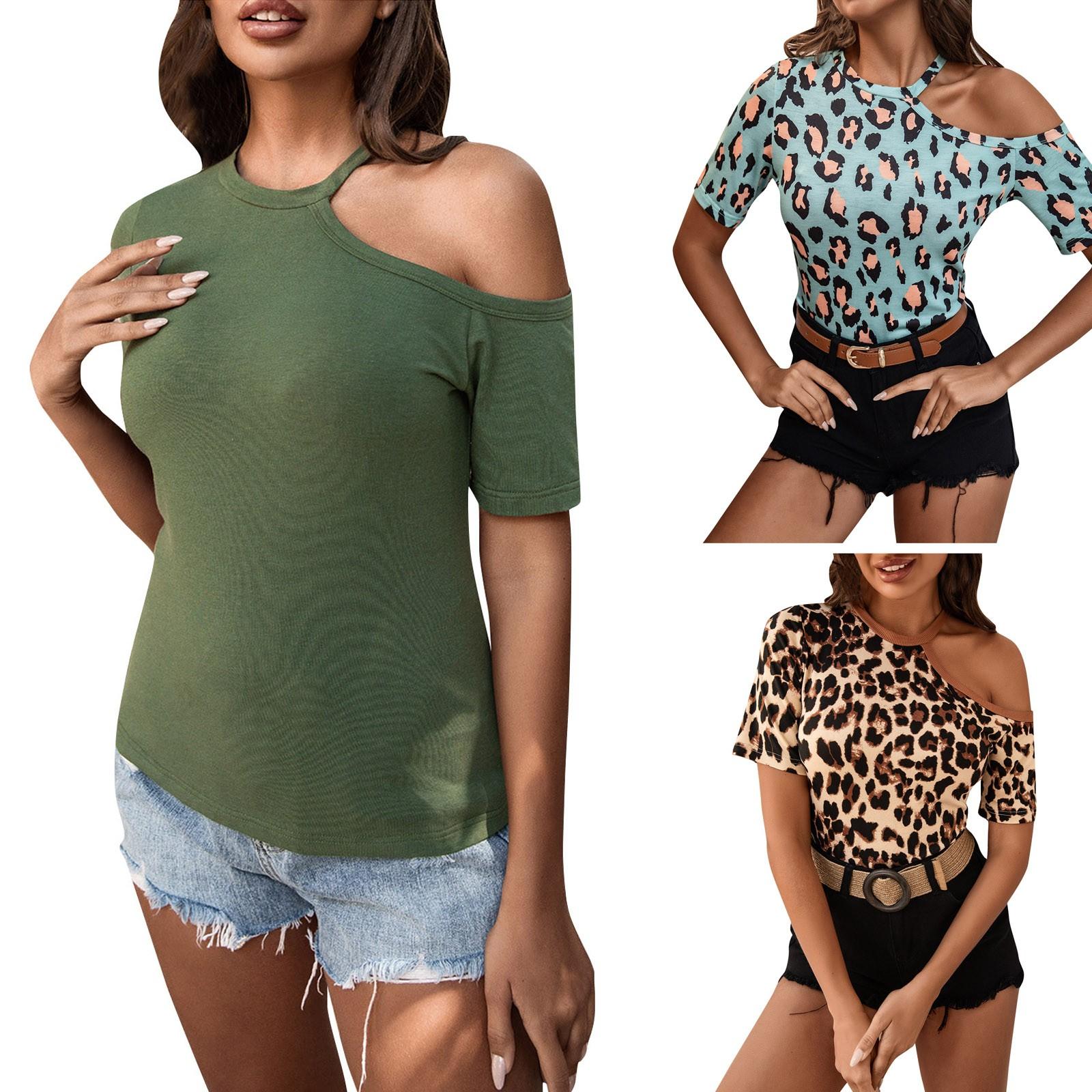 

Женская мода, лето 2022, пуловер с леопардовым принтом, без бретелек, топ с короткими рукавами, блузка M армия зеленый