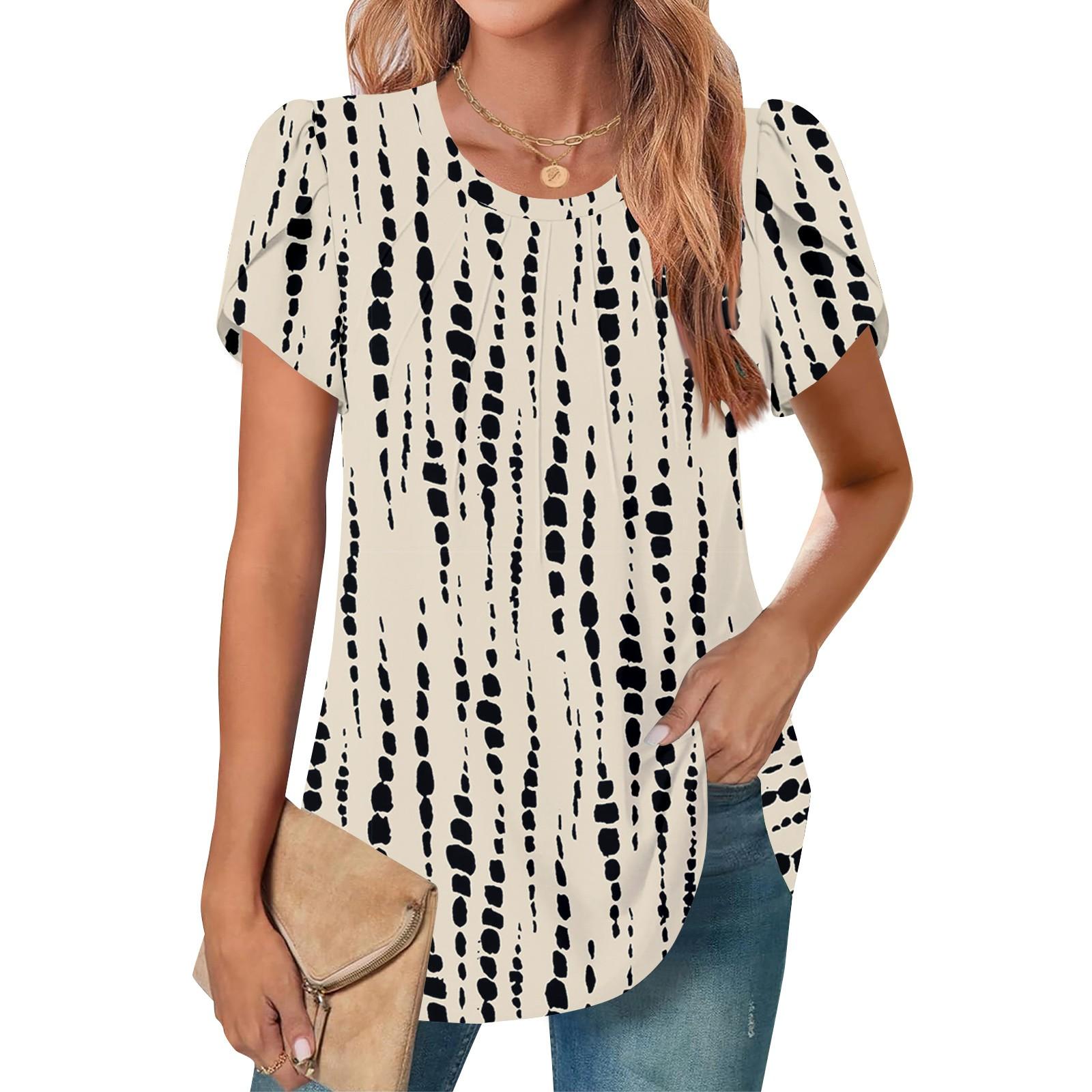 

Женский повседневный топ с круглым вырезом и коротким рукавом, с плиссировкой и расклешенными рукавами, с цветочным принтом L бежевый