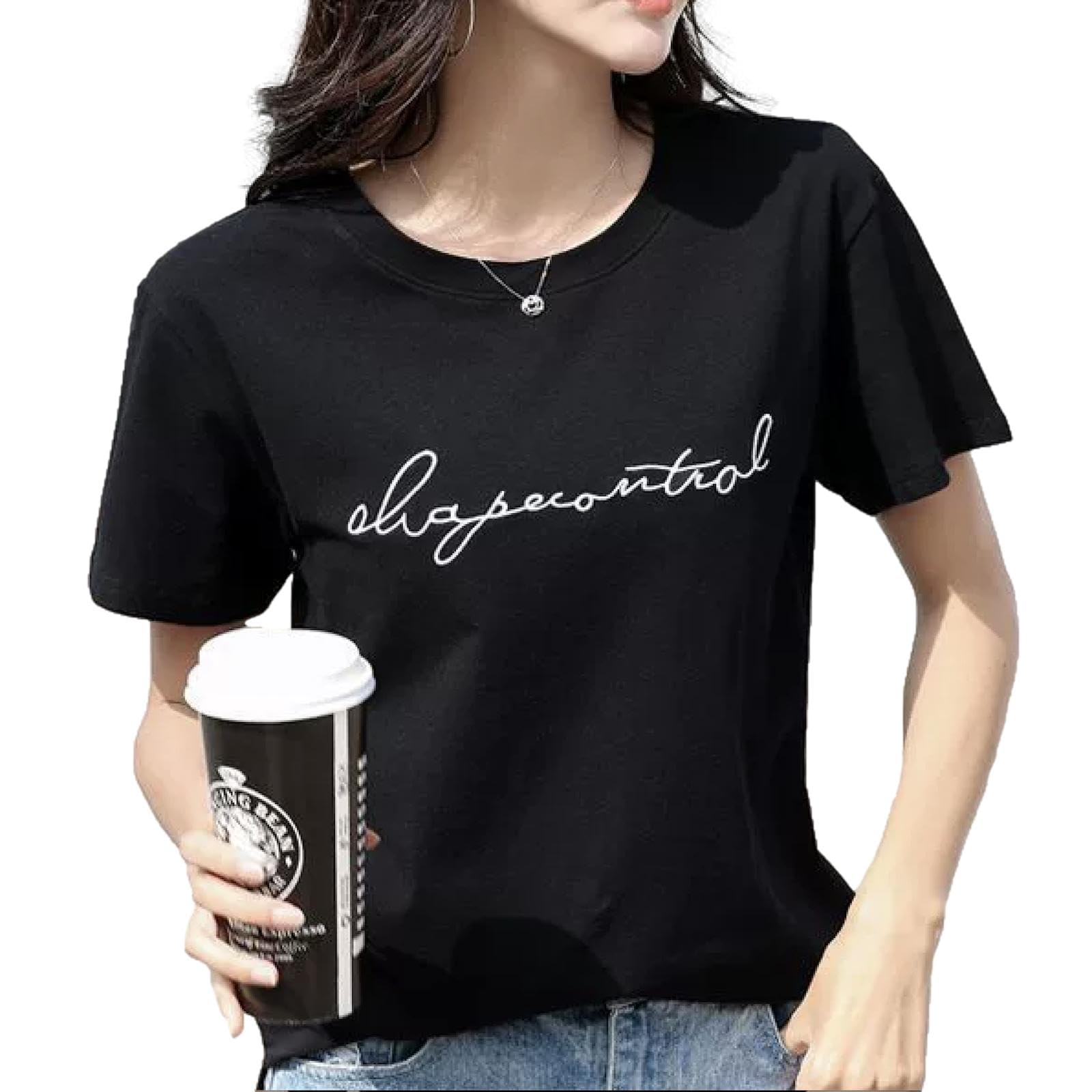 

с коротким вырезом и красивым коротким круглым воротником [ReiLuana] Женская футболка Логотип, Рукава, Дизайн, Сшитая, Одежда, Домашняя одежда, Популярная, Милая, Стильная, чёрный