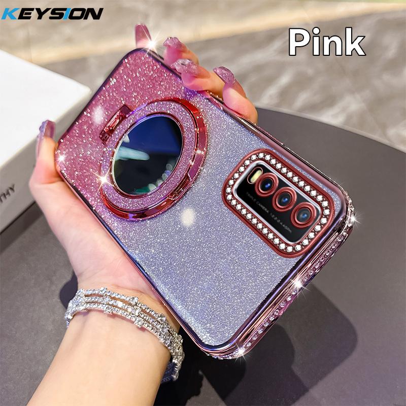 

KEYSION Luxury Glitter Jewelled Magnetic Phone Case for VIVO Y20 Y20sG Y20i Y11S Y12S Makeup Mirror Ring Stand Shockproof Cover for VIVO Y12S розовый