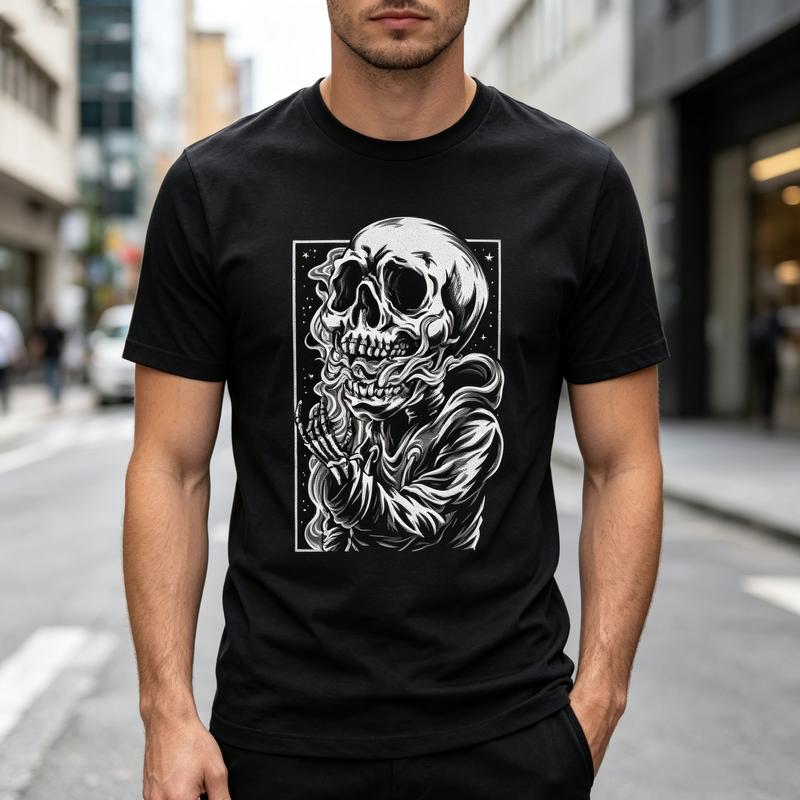 Dark Skull Smoke Illustration Graphic T Shirt Comfortable Cotton Short Sleeve Top