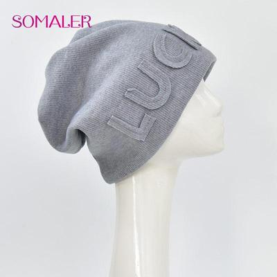 SOMALER Winter Wool Knitted Slouchy Beanie Hat Unisex Patch Luck Logo Cuff Beanie Sleep Hats