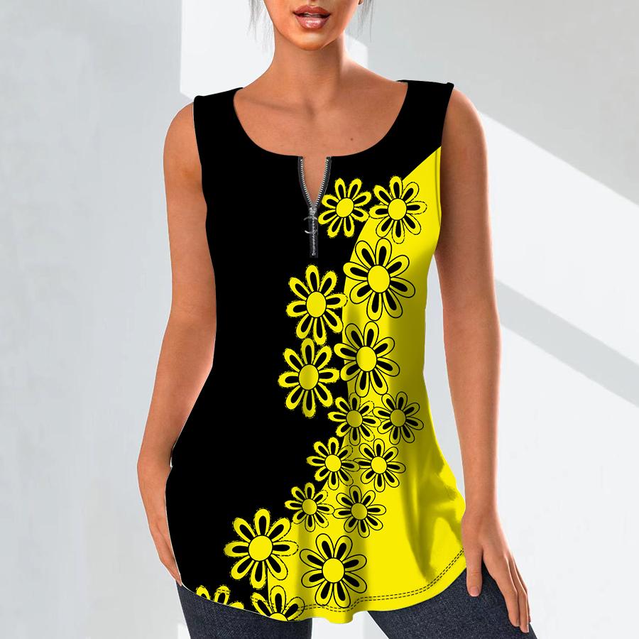 

Женские модные рубашки с v-образным вырезом, повседневные топы, футболка, женский жилет с 3D граффити и цветами, блузка без рукавов больших размеров, топы на бретелях 4XL жёлтый