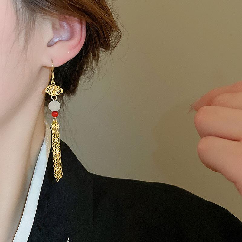 Elegant Chinese Tassel Earrings for Women - Metallic Cloud Design, Hanfu Style