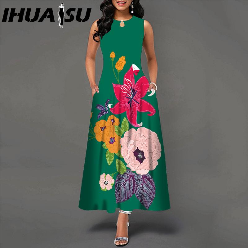 IHUASU 48 Farben Neues Damen Lockeres Vintage Blumenmuster Rüschenkleid Befree Kleid Großes Sommerparty Tanktops Elegante Maxikleider