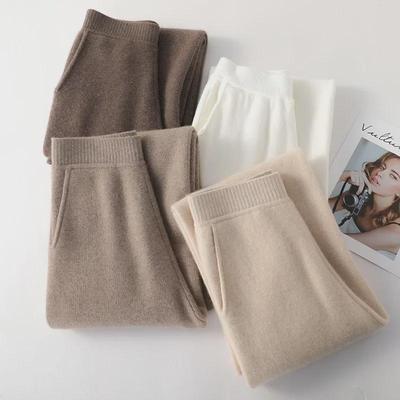 Dámske kašmírové nohavice so zvýšeným pásom a širokými nohavicami - Hrubá vlna na jeseň/zimu, splývavé, slim fit, ležérny štýl s rovnými nohavicami.