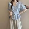 Female Lotus Leaf V-neck Plaid Shirt Light Blue Women's Short Sleeved Shirts Summer Fashion Versatile Pullover Blouses