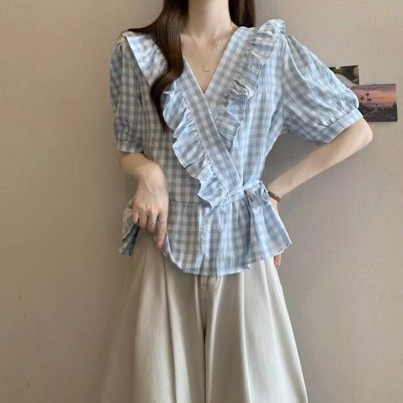 Female Lotus Leaf V-neck Plaid Shirt Light Blue Women's Short Sleeved Shirts Summer Fashion Versatile Pullover Blouses