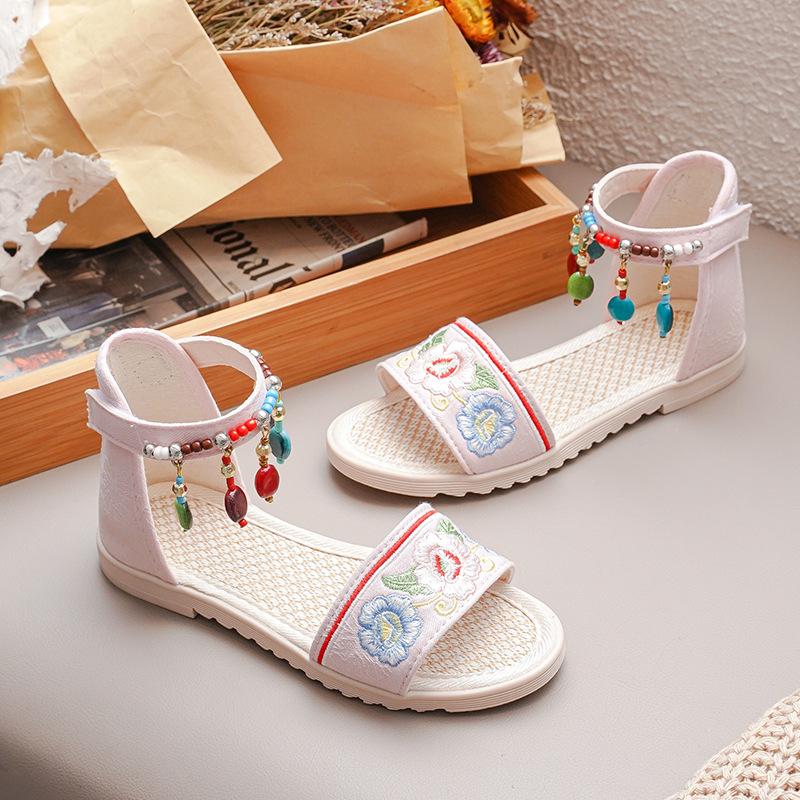 New Girls' Sandals Summer New Versatile Ethnic Style Princess Shoes, Big Children's Tassel Soft Sole Student Roman Shoes Flat