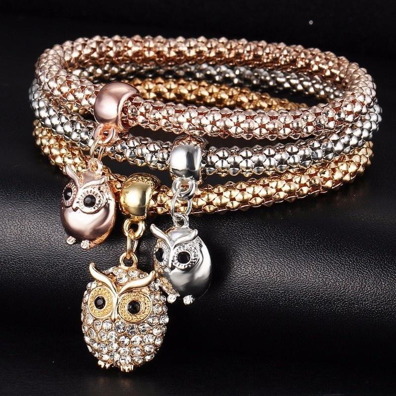 3 Pcs/Set Crystal Owl Crown Charm Bracelets&Bangles 3 Color Rose Gold Color Elephant Anchor Pendants