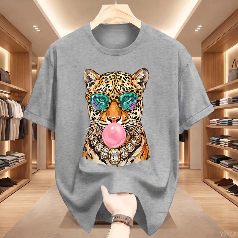 Trendy Leopard Unisex T Shirt Bubblegum Sunglasses Big Cat Graphic T Shirts Retro Animal Printed Tshirt Cotton Short Sleeve Tops