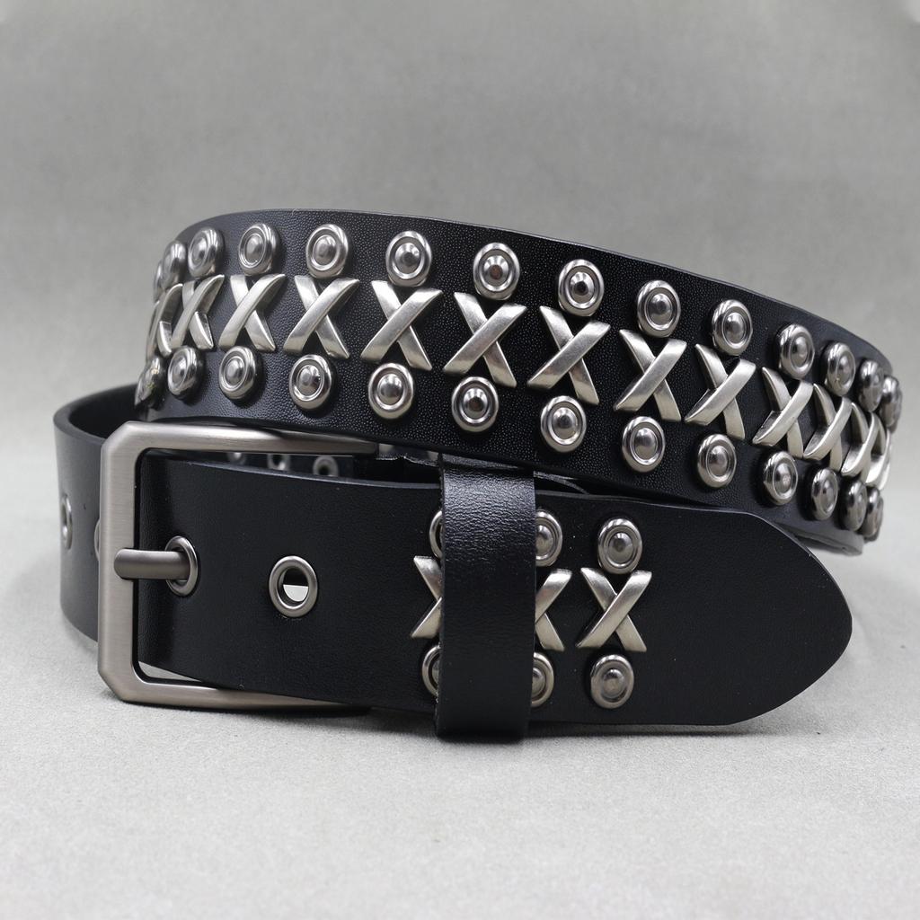 Cowhide Personality Trend Punk Men's Belt Round Rivet Neutral Pin Buckle Street Heavy Industry Belt