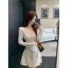 Hollow Lace Bell Sleeve Dress - Women's Elegant Slimming Autumn Style, Waist-Cinching Long Sleeve Skirt