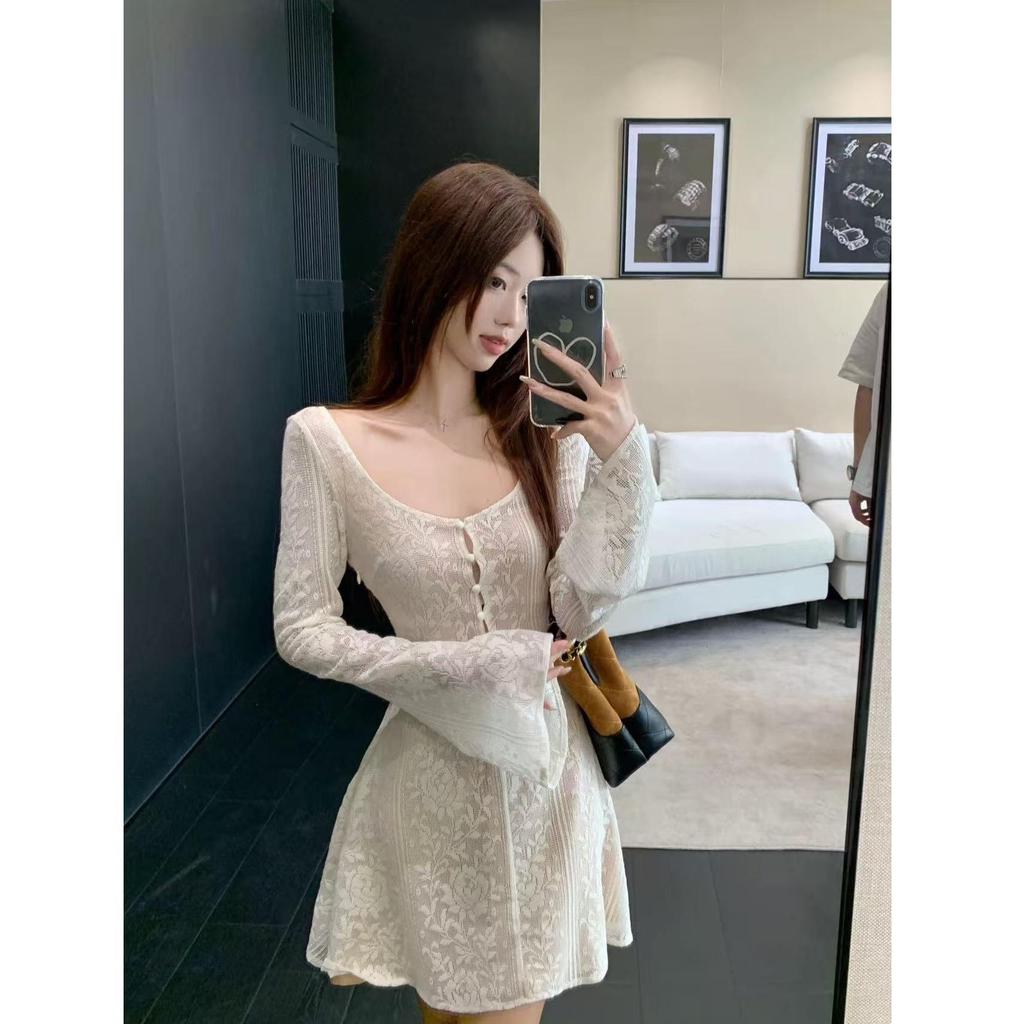 Hollow Lace Bell Sleeve Dress - Women's Elegant Slimming Autumn Style, Waist-Cinching Long Sleeve Skirt