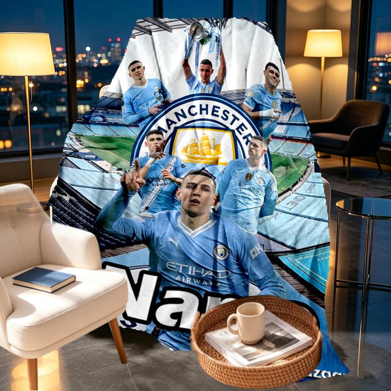 Custom Name Personalized Manchester City FC Print Blankets, Home Decor, Bedroom, Sofa, Camping, Couch, Gifts for Birthday Christmas